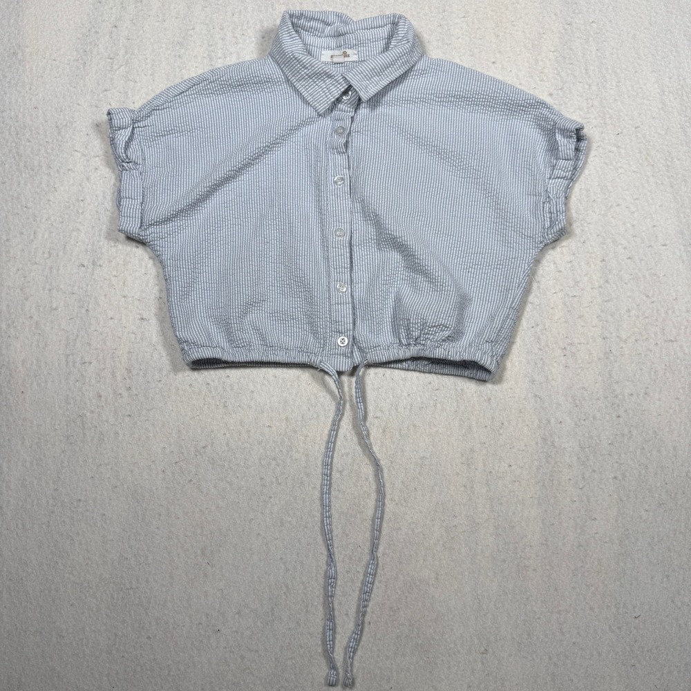 Sugar Lips Blue White Seersucker Striped Crop Top Button Front Drawstring Large